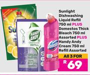 Sunlight Dishwashing Liquid Refill 750ml, Domestos T Bleach 750ml + Handy Andy Cream 750ml Refilll