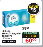 Lil-Lets Smartfit Regular Tampons 16/20 Pack Value Pack-For 2