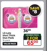 Lil-Lets Maxi Thick Duo Pads 16 Pack Value Pack-For 2