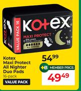 Kotex Maxi Protect All Nighter Duo Pads 16 Pack Value Pack