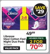 Libresse Maxi Cotton Feel Night Duo Pads 16 Pack Value Pack-For 2