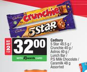 Cadbury 5 Star 48.5g/Crunchie 40g/Astros 40g/Lunch Bar/P.S Milk Chocolate/Caramilk 48g-For 2