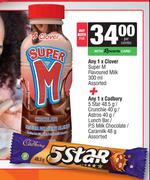 Clover Super M Flavoured Milk 300ml+Cadbury 5 Star 48.5g/Crunchie 40g/Astros 40g-For Both
