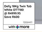 Defy 18Kg White Twin Tub DTT180 10064411