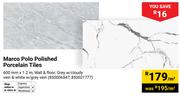 Marco Polo Polished Porcelain Tiles 600mm x 1.2m In Grey W/Cloudy Vein & White W/Grey Vein-Per Sqm