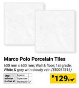 Marco Polo Porcelain Tiles (1st Grade)600mm x 600mm In White & Grey With Cloudy Vein-Per Sqm