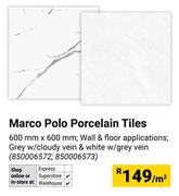 Marco Polo Porcelain Tiles 600mm x 600mm In Grey W/Clody Vein & White W/Grey Vein-Per Sqm