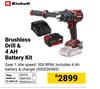 Einhell Brushless Drill & 4 Ah Battery Kit 850030485