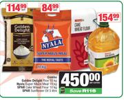 Golden Delight Rice 10Kg+Nyala Super Maize Meal 10Kg+Spar Cake Wheat Flour 10Kg+Sunflower Oil 5L-Com