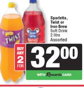 Sparletta, Twist Or Iron Brew Soft Drink Assorted-For Any 2 x 2Ltr