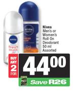 Nivea Men's Or Women's Roll On Deodorant Assorted-For 2 x 50ml