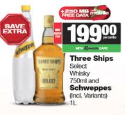 Three Ships Select Whisky 750ml & Schweppes 1L-For Both