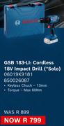 Bosch 18V Cordless Impact Drill Solo GSB 183-Li 06019K9181 850026087