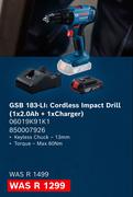Bosch Cordless Impact Drill (1x2.0Ah + 1xCharger) GSB 183-Li 06019K91K1 850007926