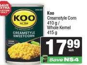 Koo Creamstyle Corn 410g/Whole Kernel 415g-Each