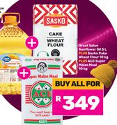 Great Value Sunflower Oil 5Ltr, Sasko Cake Wheat Flour 10kg, ACE Super Maize Meal 10kg-For All