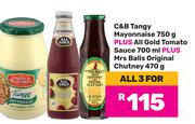 C & B Tangy Mayonnaise 750g, All Gold Tomato Sauce 700ml & Mrs Balls Original Chutney 470g-For All