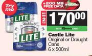 Castle Lite Original Or Draught Cans-For 2 x 6 x 500ml