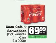 Coca Cola Or Schweppes Cans-6 x 200ml