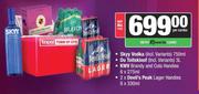 Skyy Vodka 750ml+Du Toitskloof 3L+KWV Brandy & Cola Handies 6x275ml+Devil's Peak Handies 2x6x330ml