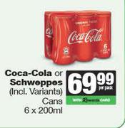 Coca-Cola Or Schweppes (Incl Variants) Cans-For 6 x 200ml Per Pack 