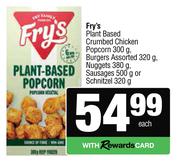Fry's Plant Based Crumbed Chicken Popcorn 300g, Burgers Assorted 320g, Nuggets 380g, Sausages 500g-E