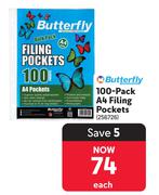 Butterfly 100 Pack A4 Filing Pockets 256726