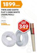 Twin And Earth Flat 2.5mm White Wire-100m Roll