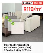 Floor Tile Porcelain Soho 600 x 600mm (2.16 Sqm/Box) Smoke, Grey, White-Per Sqm