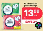 Lil-Lets Essential Pads With Wings-8's