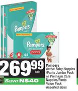 Pampers Active Baby Nappies/Pants Jumbo PK Or Premium Care Nappies/Pants Value PK (Assorted Size)-EA