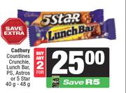 Cadbury Countlines Crunchie,Lunch Bar,P.S,Astros Or 5 Star-For 2 x 40g-48g