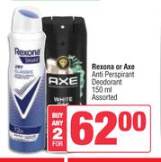 Rexona Or Axe Anti Perspirant Deodorant Assorted-For 2 x 150ml