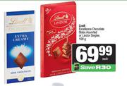 Lindt Excellence Chocolate Slabs Or Lindor Singles-100g