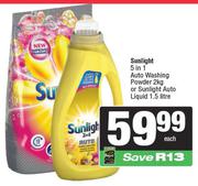 Sunlight 5 In 1 Auto Washing Powder 2Kg Or Sunlight Auto Liquid 1.5L-Each