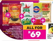 2xSunblast Spaghetti/Macaroni 500g,WhiteStar Maize 1kg,Snowflake Cake Flour 1Kg & Selati Bn Sugar 1k