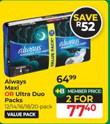 Always Maxi Or Ultra Duo Packs-For 2 x 12/14/16/18/20's Pack