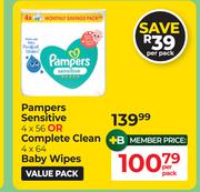 Pampers Sensitive 4 x 56 Or Complete Clean 4 x 64 Baby Wipes-Per Pack