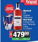 Martell VS Cognac 750ml & Red Bull Energy Drink Cans 4 x 250ml-For Both