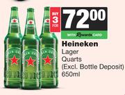 Heineken Lager Quarts (Excl Bottle Deposit)-For 3 x 650ml