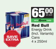 Red Bull Energy Drink (Incl Variants) Cans-4 x 250ml Per Pack