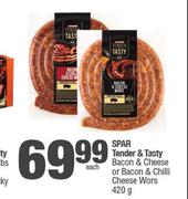 Spar Tender & Tasty Bacon & Cheese Or Bacon & Chilli Cheese Wors-420g 