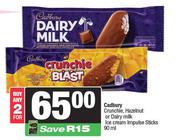 Cadbury Crunchie,Hazelnut Or Dairy Milk Ice Cream Impulse Sticks-For 2 x 90ml