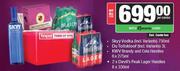 Skyy Vodka 750ml+Du Toitskloof 3L+KWV Brandy & Cola Handies 6x275ml+Devils Peak Handies 2x6x330ml
