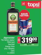 Jagermeister The Herbal Liqueur 750ml & Red Bull Energy Drink Cans 4 x 250ml-For Both