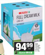 Spar UHT Long Life Milk, Full Cream, Low Fat Or Fat Free-6 x 1L