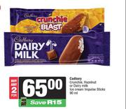 Cadbury Crunchie,Hazelnut Or Dairy Milk Ice Cream Impulse Sticks-For 2 x 90ml