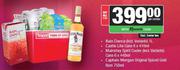 Rain Dance 1L+Castle Lite Cans 6x410ml+Mainstay Spirit Cooler Cans 6x440ml+Captain Morgan Rum 750ml