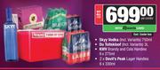 SKYY Vodka 750ml +Du Toitskloof 3L+KWV Brandy & Cola Handies 6x275ml+2xDevil's Lager Handies 6x330ml