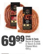 Spar Tender & Tasty Bacon & Cheese Or Bacon & Chilli Cheese Wors-420g Each